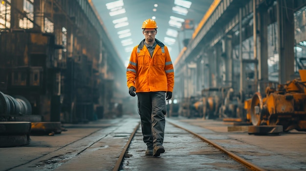 Ingeniero profesional de la industria pesada Trabajador que usa uniforme de seguridad y casco de seguridad Serio hombre exitoso Especialista industrial Caminando en la fabricación de metales Fábrica de almacenes