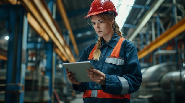 Ingeniero profesional de la industria pesada Trabajador que usa uniforme de seguridad y casco de seguridad Serio hombre exitoso Especialista industrial Caminando en la fabricación de metales Fábrica de almacenes