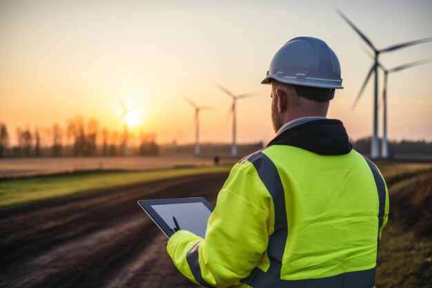 Ingeniero profesional inspeccionando una tableta con turbinas eólicas en una hermosa escena de puesta de sol