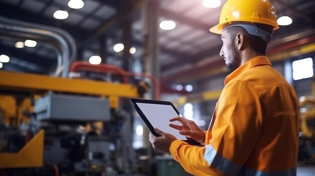 Foto ingeniero de programación de brazo robótico a través de tabletas en la industria