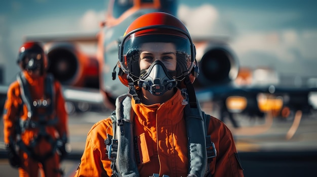 Ingeniero de pruebas de vuelo en traje de aviación con equipo de seguridad