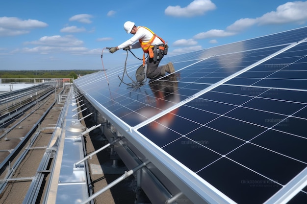 Ingeniero que desarrolla paneles solares fotovoltaicos de alta eficiencia con maquinaria moderna