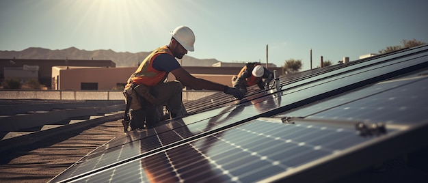 Ingeniero que instala paneles solares en los techos de casas residenciales edificios comerciales Energía renovable y recursos sostenibles concepto generativo ai