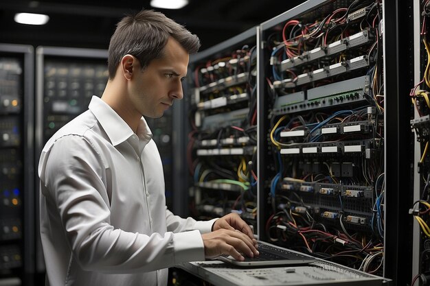 Ingeniero que trabaja en la central de un servidor de computadoras