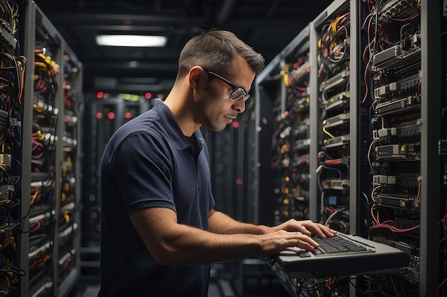 Ingeniero que trabaja en la central de un servidor de computadoras