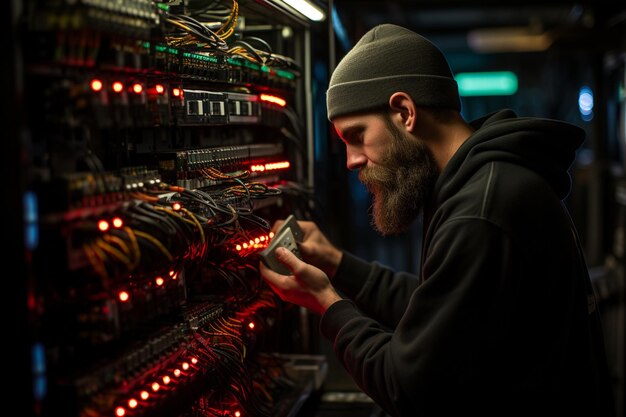 Ingeniero que trabaja en la central de un servidor de computadoras