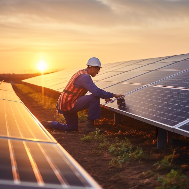 ingeniero que trabaja en la comprobación de equipos en plantas de energía solar.