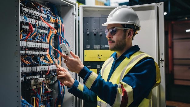 Ingeniero que trabaja en el control y mantenimiento de equipos en el cableado de gabinetes PLC