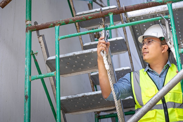 El ingeniero que trabaja en los edificios altos usa cinturones de seguridad Arnés de seguridad. Dispositivo anticaídas para trabajador con ganchos para arnés corporal de seguridad.