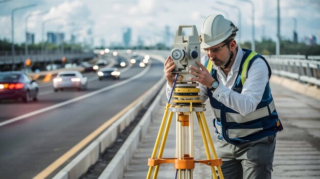 Foto ingeniero que trabaja con equipos de tránsito teodolito en la carretera