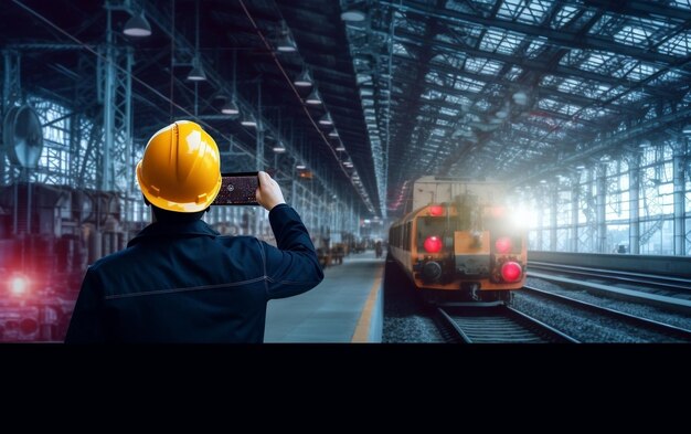 Un ingeniero que trabaja en una estación de tren con una tableta