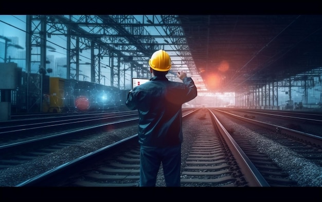 Un ingeniero que trabaja en una estación de tren con una tableta