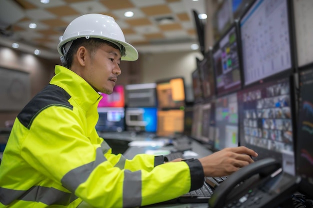 Ingeniero que trabaja en la sala de controlSistema de control de gerentePrograma de monitoreo de hombre técnico de un montón de monitor