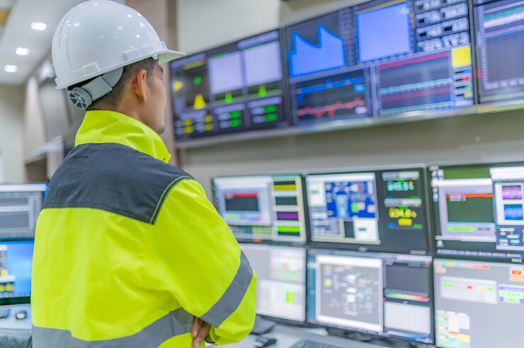 Foto ingeniero que trabaja en la sala de controlsistema de control de gerenteprograma de monitoreo de hombre técnico de un montón de monitor