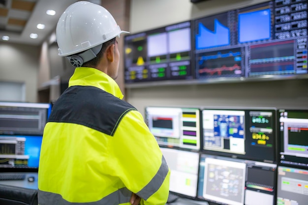 Ingeniero que trabaja en la sala de controlSistema de control de gerentePrograma de monitoreo de hombre técnico de un montón de monitor