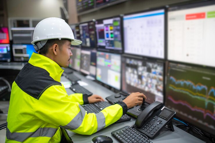 Foto ingeniero que trabaja en la sala de controlsistema de control de gerenteprograma de monitoreo de hombre técnico de un montón de monitor