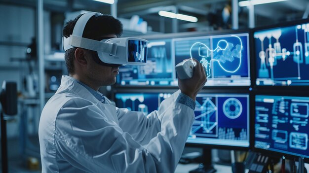 Ingeniero que usa gafas VR para la visualización de hologramas