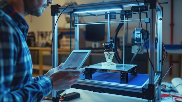 Ingeniero que usa una tableta para monitorear la impresión 3D de una canasta adornada