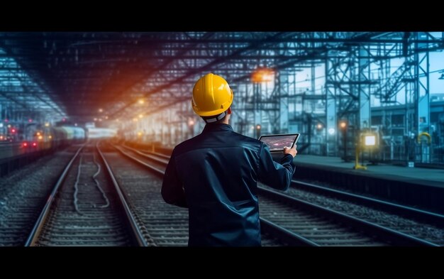 Foto ingeniero que utiliza tablets de comprobación y análisis de sistemas de datos eléctricos de vías en ferrocarril en redes