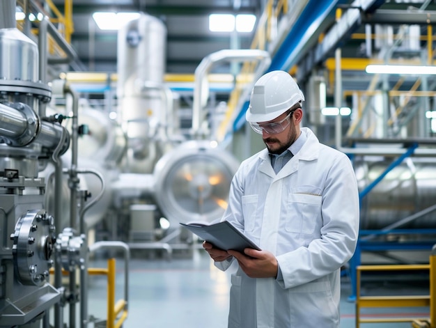 Ingeniero químico analizando datos en la planta