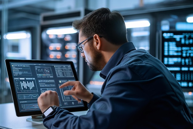 Ingeniero de red analizando datos en la computadora en la sala de servidores