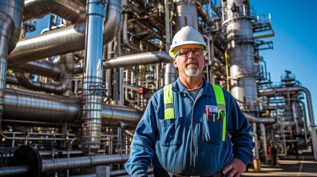 Un ingeniero de una refinería inspecciona el suministro y almacenamiento de gas en una instalación de gas natural