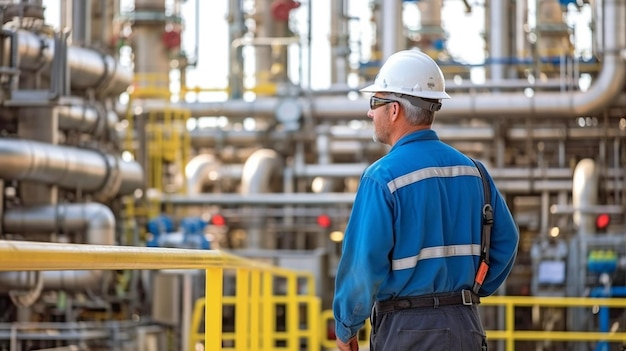 Un ingeniero de una refinería inspecciona el suministro y almacenamiento de gas en una instalación de gas natural