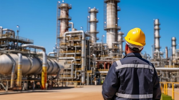 Un ingeniero de una refinería inspecciona el suministro y almacenamiento de gas en una instalación de gas natural