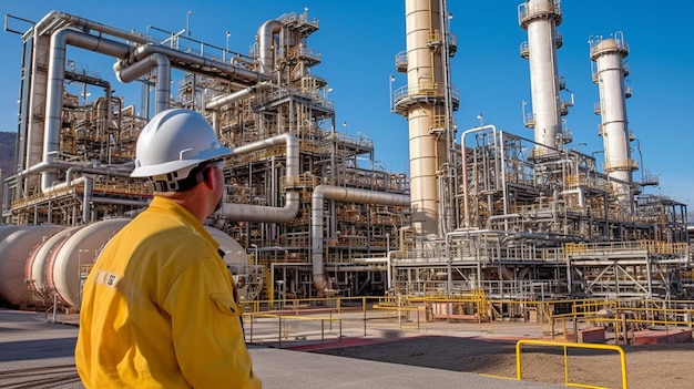 Un ingeniero de una refinería inspecciona el suministro y almacenamiento de gas en una instalación de gas natural