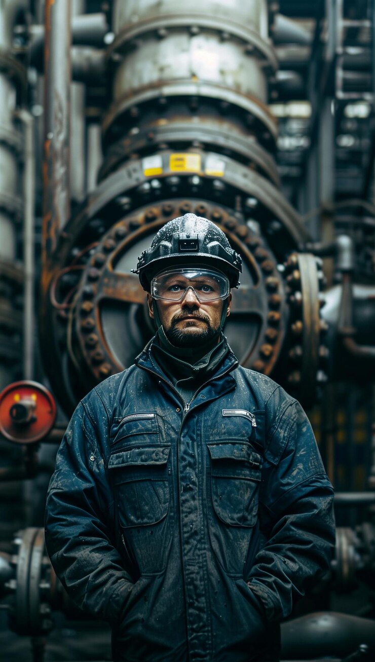 Ingeniero resistente en equipos pesados que se mantiene firme en medio de la maquinaria industrial