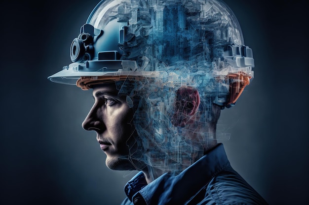 Ingeniero de retratos de ingeniería civil con casco con maravillosa exposición doble