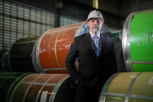 Ingeniero de retratos Jefe senior confiado en el almacén de acero Concepto de operación y mantenimiento de la industria inteligente Ingeniero mayor con bigote de barba en la cara de pie