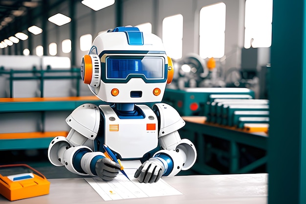Ingeniero de robot 3d realista trabaja en la fábrica La idea de un bot ayudante en la vida cotidiana