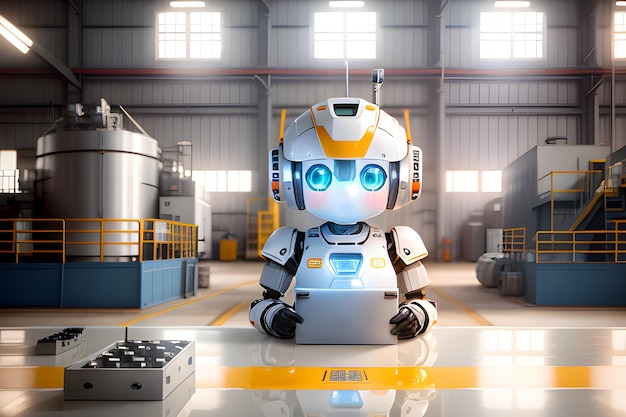 Ingeniero de robot 3d realista trabaja en la fábrica La idea de un bot ayudante en la vida cotidiana