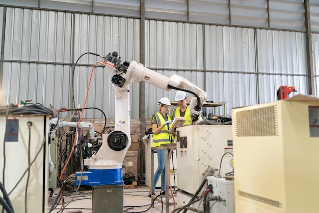 Ingeniero de robótica que trabaja en el mantenimiento de un brazo robótico moderno en el almacén de la fábrica