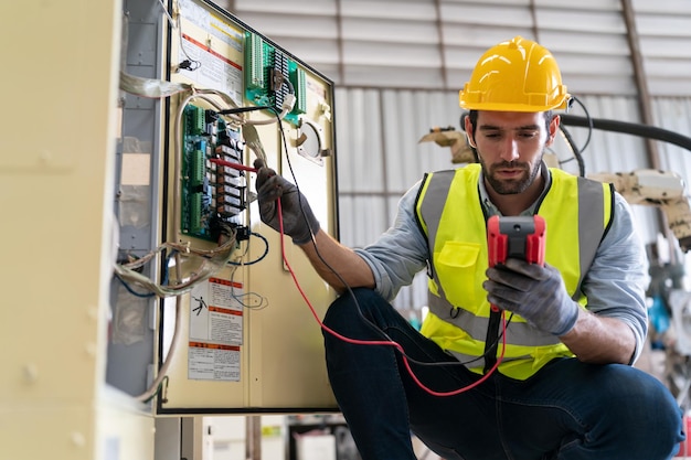 Foto ingeniero de robótica que trabaja en el mantenimiento de un brazo robótico moderno en el almacén de la fábrica