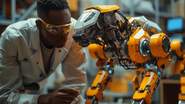 Foto ingeniero robótico multiétnico discutiendo el concepto de perro robot con el gerente de proyecto en una instalación de investigación y desarrollo de alta tecnología científicos industriales profesionales están trabajando detrás de él