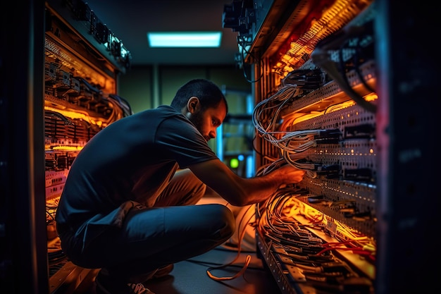 Un ingeniero en la sala de servidores del centro de datos conectando cables Generative Ai