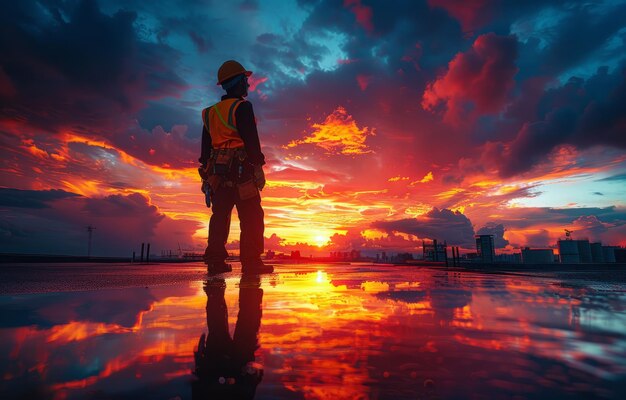 Ingeniero silueta mirando cargadores y camiones en el patio de mercancías al atardecer