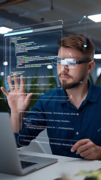 Ingeniero de sistemas escribiendo código html y usando un programa holográfico con visualización de realidad aumentada
