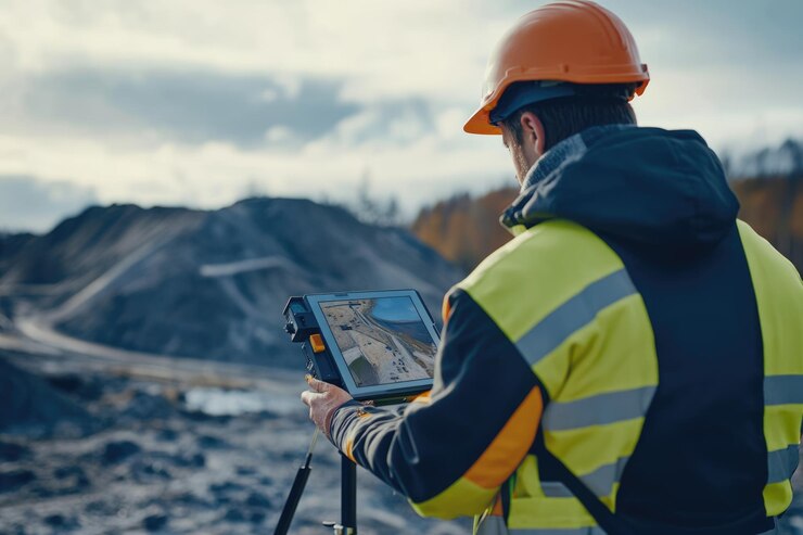 El ingeniero del sitio utiliza una tableta robusta para operar la estación total para la topografía