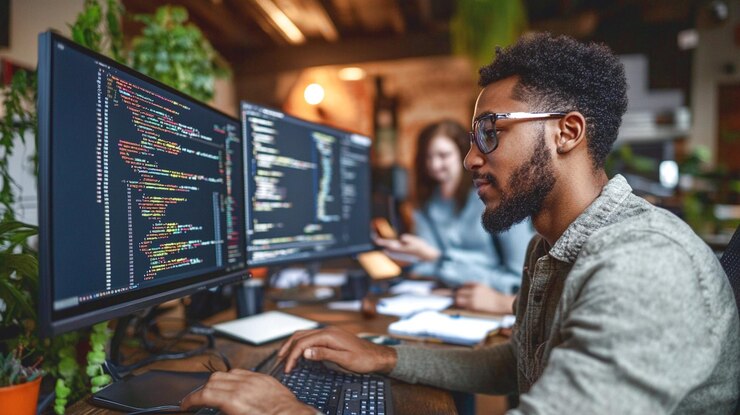 Foto ingeniero de software en un espacio de trabajo colaborativo en monitores duales