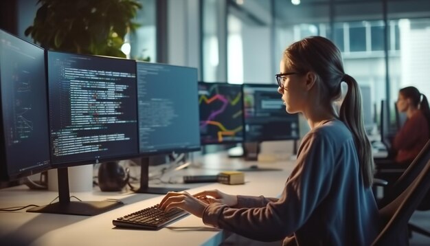 Ingeniero de software femenino escribiendo código en una computadora de escritorio