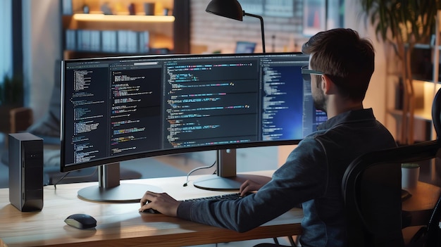 Foto un ingeniero de software se sienta en su escritorio trabajando en un nuevo proyecto. está usando una computadora para escribir código.