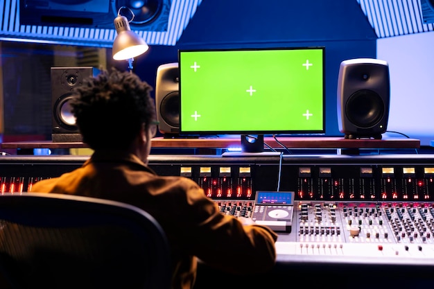 Ingeniero de sonido afroamericano trabaja con pantalla verde en la computadora
