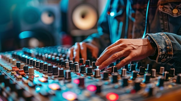 Ingeniero de sonido ajustando los niveles en una consola de mezcla