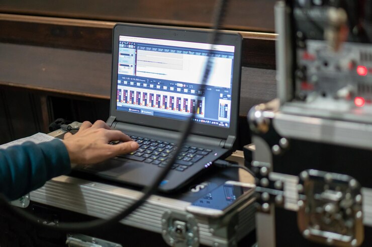 Foto un ingeniero de sonido con auriculares se sienta frente a una computadora portátil mientras graba o escucha ingeniero de sonido masculino en un estudio de grabación
