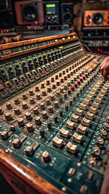 Ingeniero de sonido en una consola de mezcla de audio profesional ajustando a mano los desvanecedores de volumen