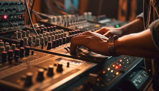 Ingeniero de sonido de discotecas ajustando las perillas del mezclador para la música generada por IA