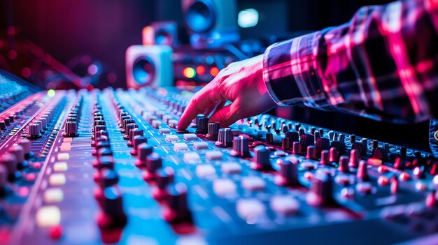 Un ingeniero de sonido en un estudio de grabación está ajustando los botones de una consola de mezcla